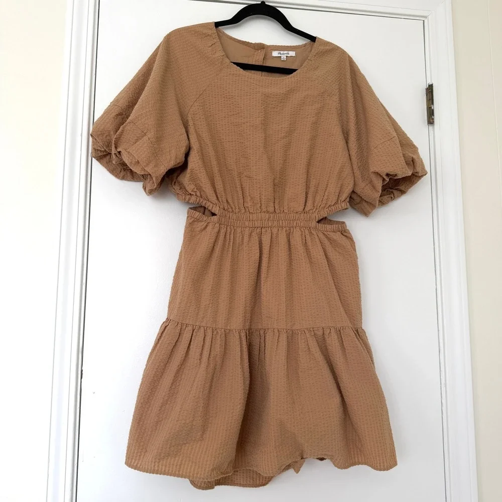Madewell Seersucker Cutout Tiered Mini Dress Tawny Brown Puff Sleeve XL NE614 - Picture 5 of 10